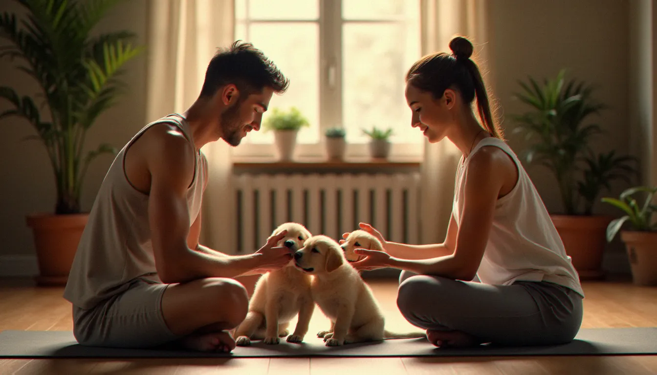 Un homme et une femme en posture de yoga à deux avec des chiots golden retriever qui jouent autour d'eux dans un studio cosy aux lumières douces