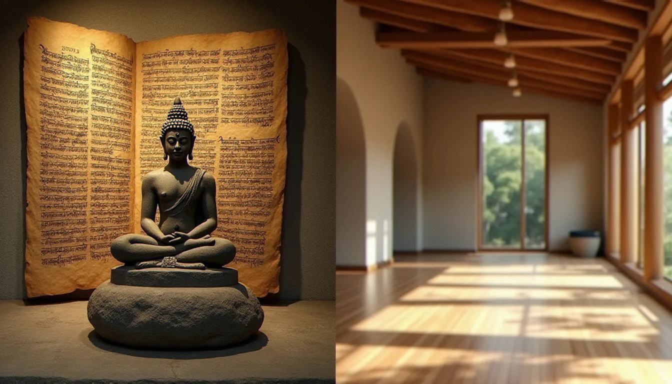 Contraste entre l'origine ancienne du yoga en Inde et sa pratique contemporaine dans un studio moderne