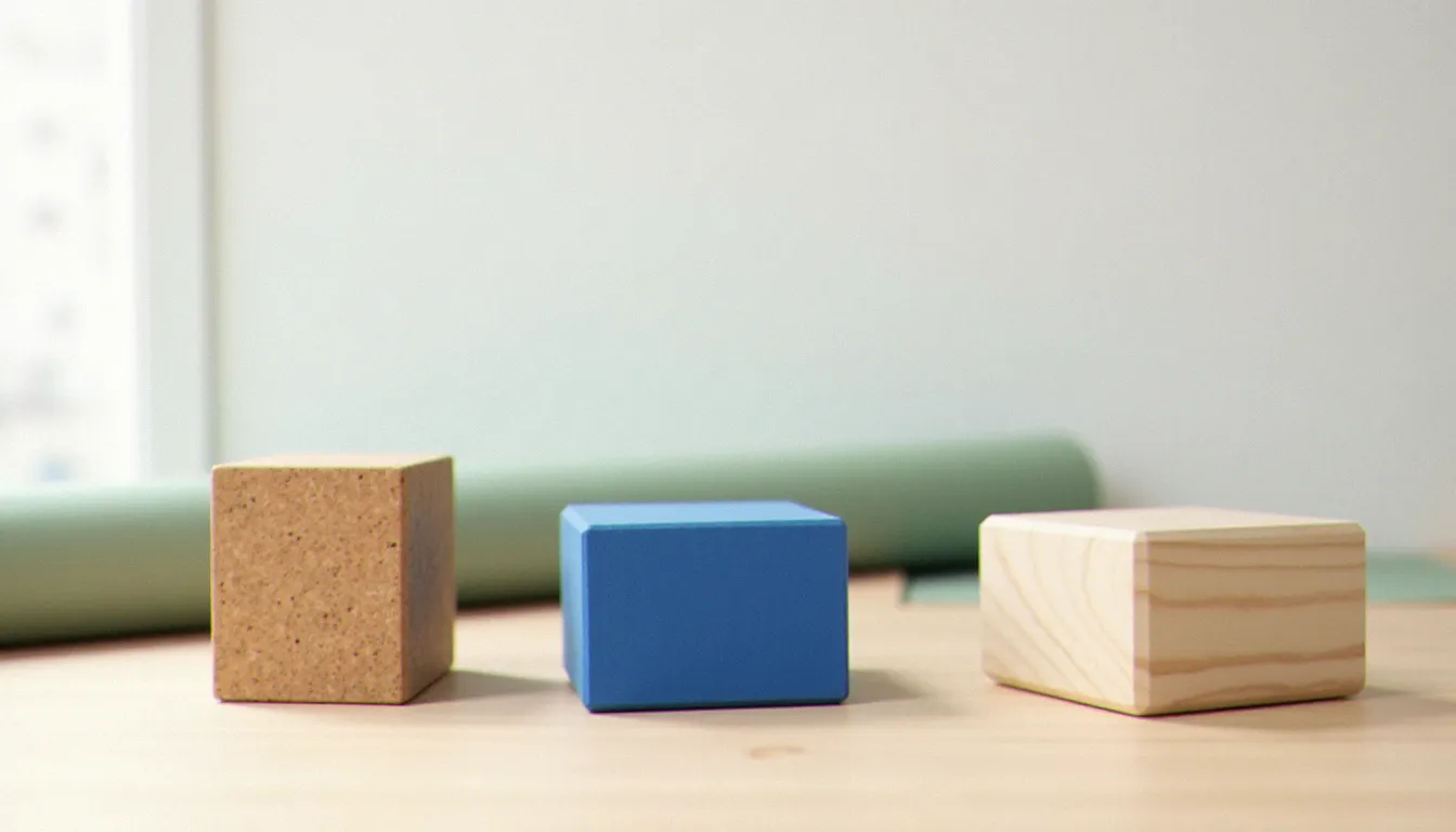 Trois types de yoga block côte à côte — liège naturel, mousse EVA bleue et bois clair — présentés à différentes orientations sur une surface en bois clair