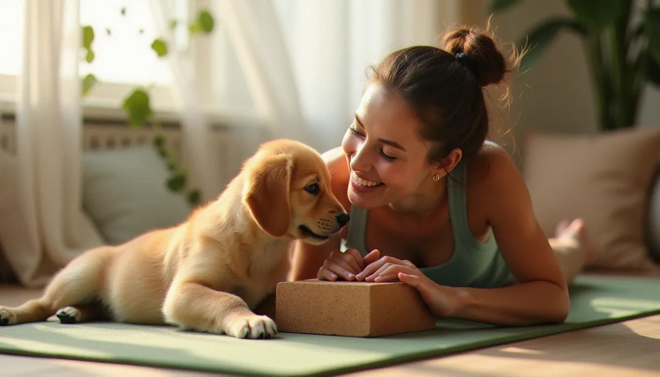 Femme en posture de l'enfant avec le front posé sur un yoga block en liège, un chiot golden retriever jouant joyeusement autour d'elle dans un espace yoga cosy et lumineux