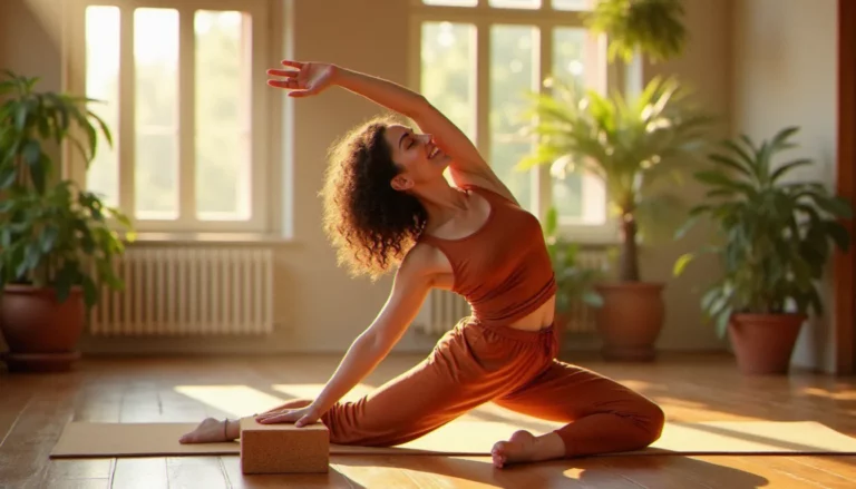 Femme pratiquant la posture du triangle (Trikonasana) avec un yoga block en liège comme soutien dans un studio lumineux de Bordeaux