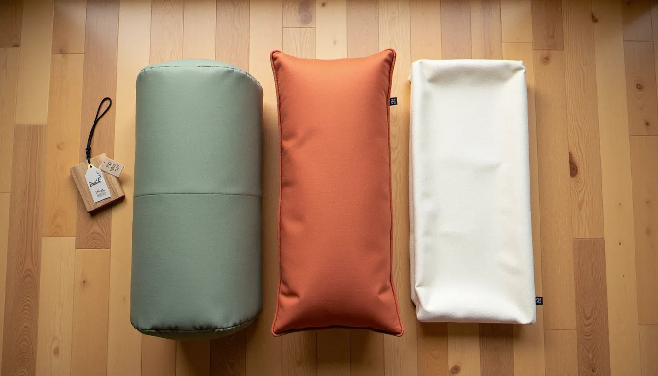 Vue de dessus de trois types de yoga bolster différents posés sur un parquet en bois, comparaison de formes et matériaux