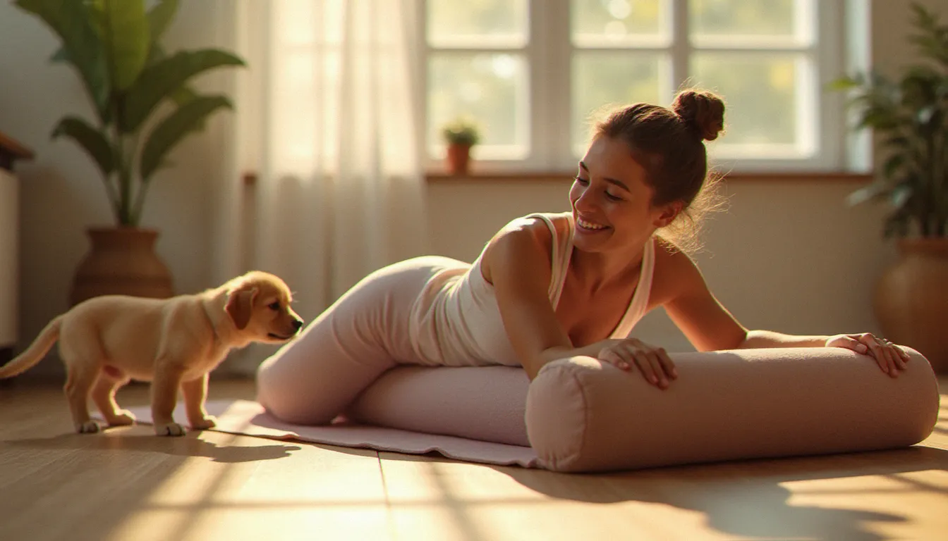 Une femme en posture de l'enfant soutenue par un yoga bolster rectangulaire pendant qu'un chiot golden retriever s'approche avec curiosité