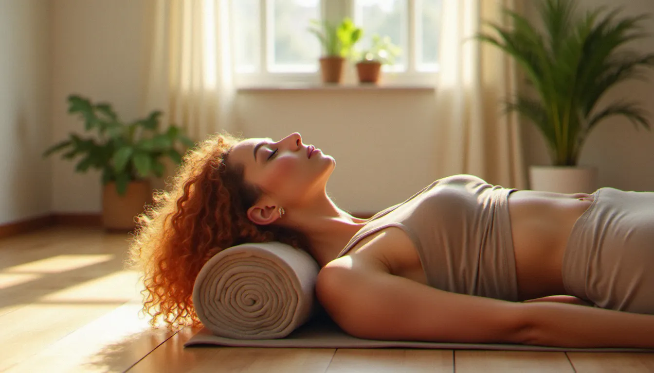 Une femme allongée sur un yoga bolster cylindrique dans un studio lumineux, en posture de savasana soutenu, lumière naturelle dorée