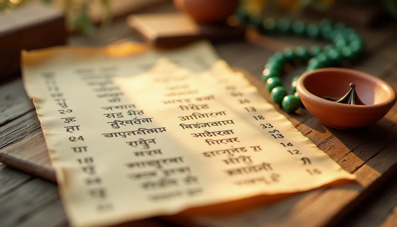 Lexique de termes sanskrit pour le yoga écrit à la main sur du papier ancien, posé sur un bloc de yoga en bois avec un chapelet mala
