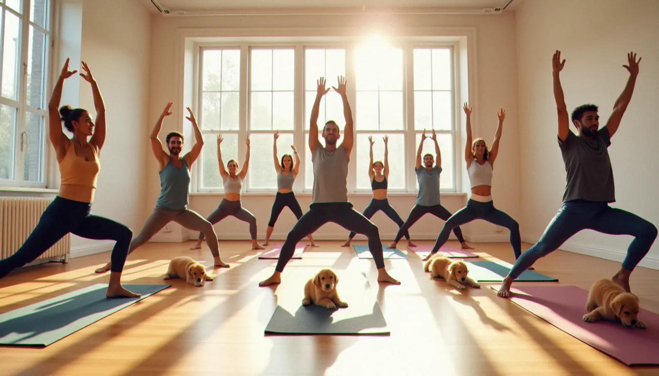Groupe diversifié de personnes pratiquant le yoga joint dans un studio lumineux avec des chiots dorés jouant sur les tapis, atmosphère joyeuse et conviviale
