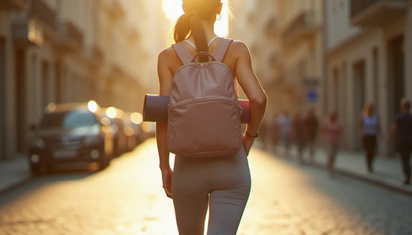 Une femme portant un yoga mat bag en sac à dos marchant sur une rue pavée française ensoleillée en tenue de sport légère