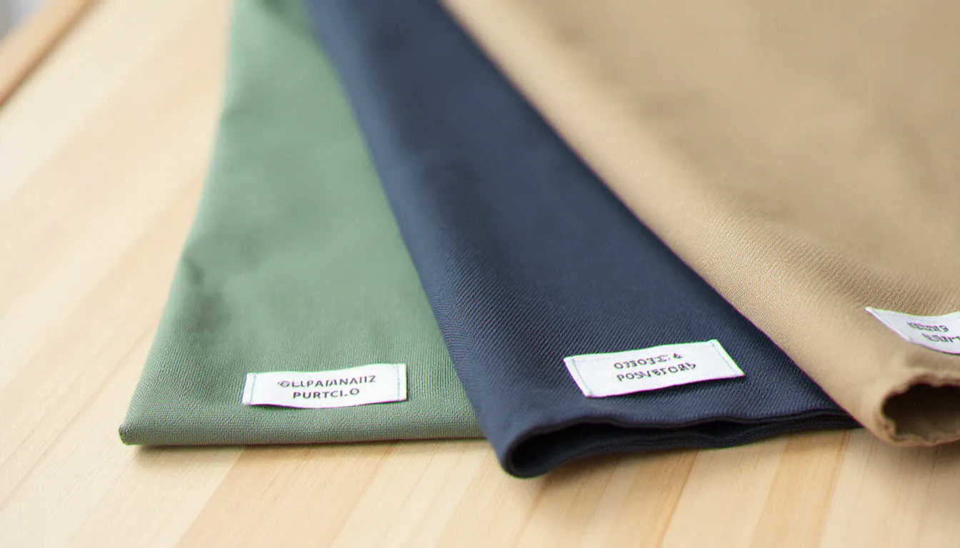 Gros plan à plat de trois échantillons de matériaux de yoga mat bag sur bois naturel — coton bio vert sauge, polyester recyclé bleu marine et chanvre beige naturel avec étiquettes de certification