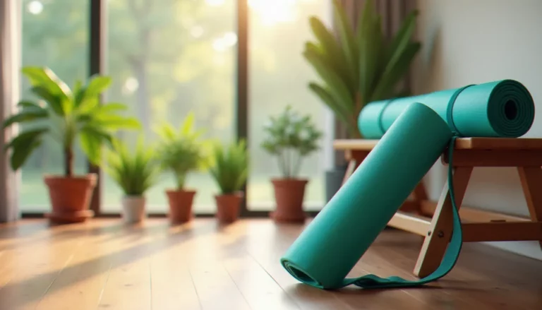 Un yoga mat bag teal appuyé contre un banc en bois dans un studio de yoga baigné de lumière matinale avec parquet et plantes vertes