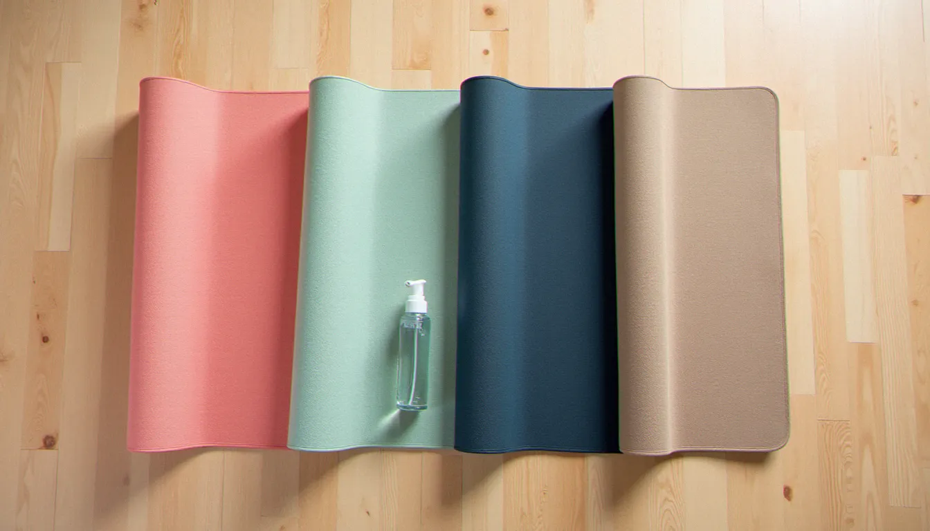 Vue du dessus de quatre yoga mat towels en microfibre de couleurs différentes posées sur un parquet clair, montrant les textures et les coins antidérapants en silicone