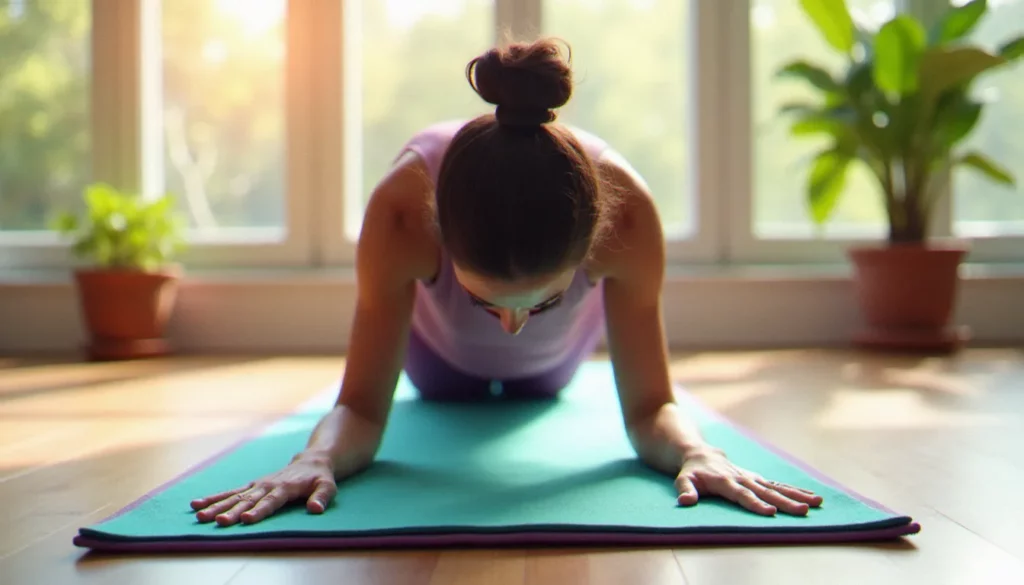 yoga mat towel featured Femme pratiquant le yoga en Chien tête en bas sur une yoga mat towel turquoise en microfibre dans un studio lumineux aux grands vitrages