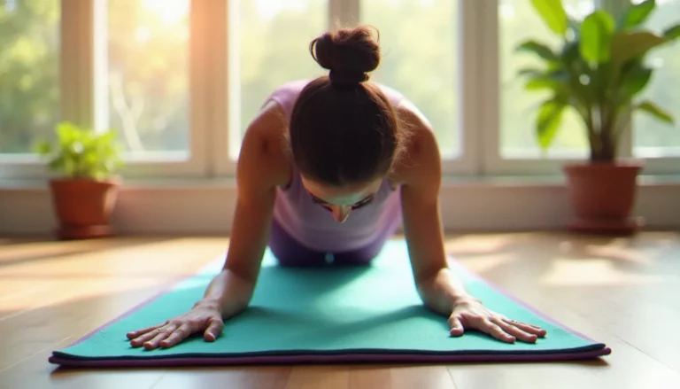 Femme pratiquant le yoga en Chien tête en bas sur une yoga mat towel turquoise en microfibre dans un studio lumineux aux grands vitrages