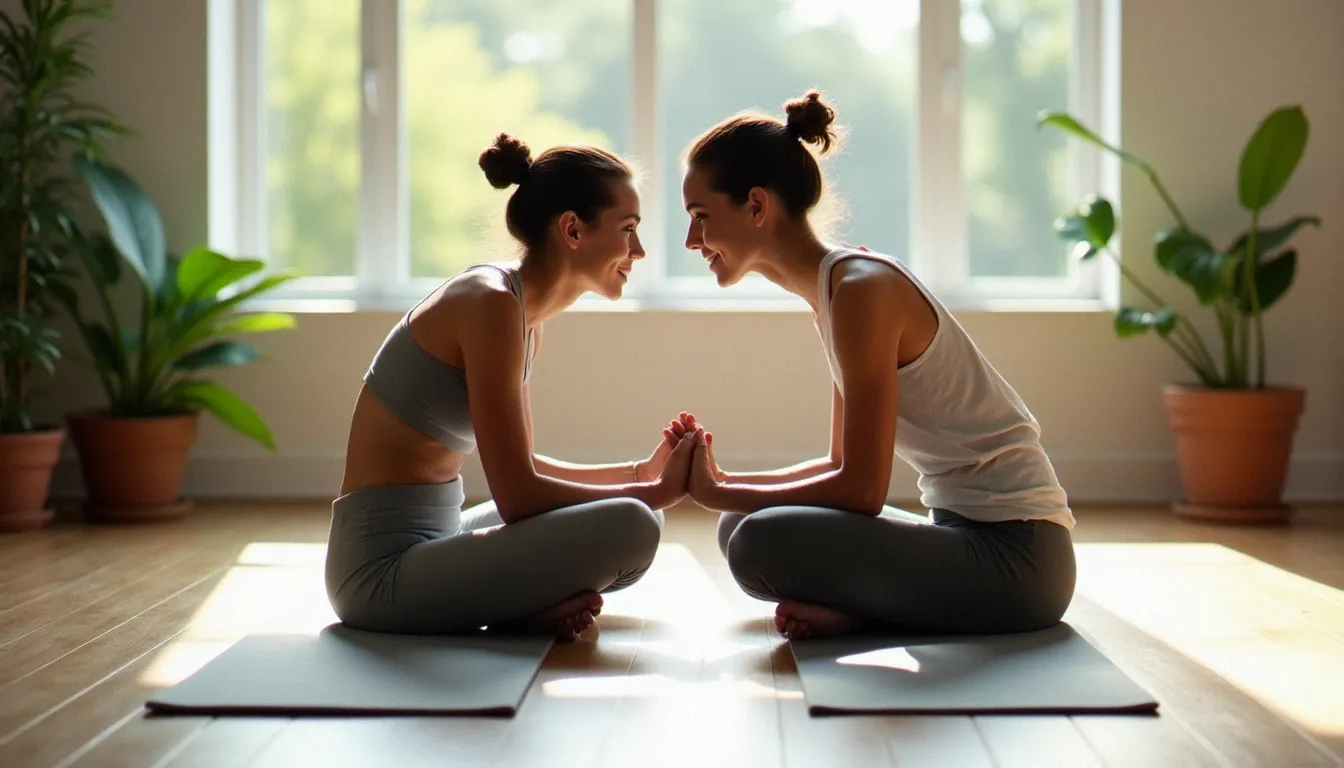 Deux pratiquants réalisant une posture de flexion avant en duo, face à face sur des tapis de yoga dans un studio lumineux