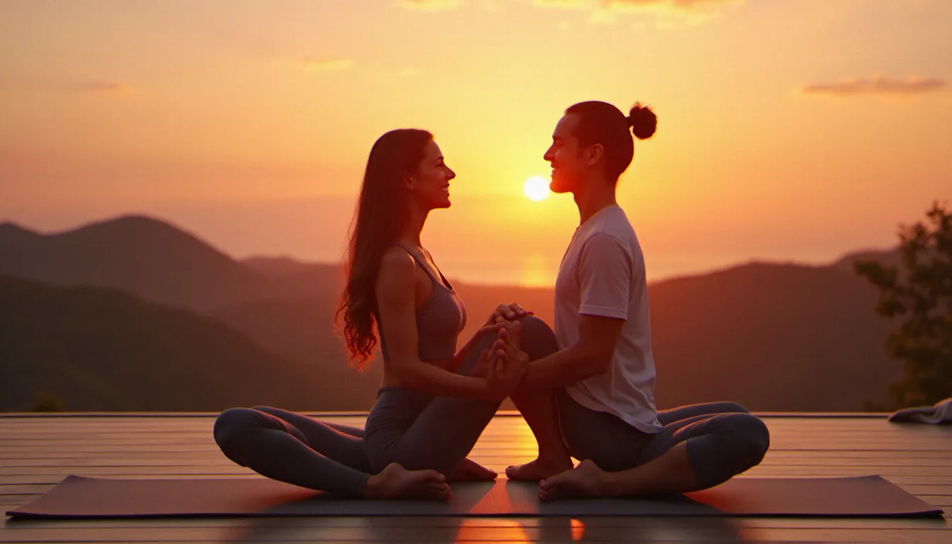 Un duo pratiquant la Double Boat Pose en yoga poses for 2 sur une terrasse en bois au coucher du soleil, jambes levées et mains jointes