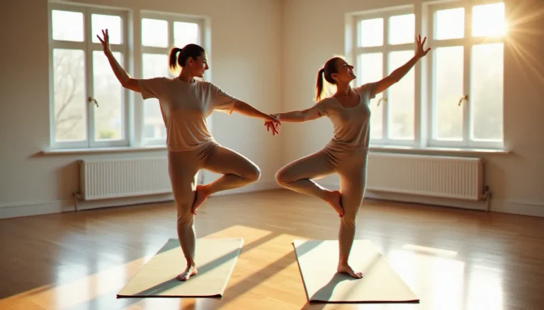 Deux femmes pratiquant des yoga poses for two people en posture de l'Arbre synchronisée dans un studio lumineux aux grandes fenêtres ensoleillées.