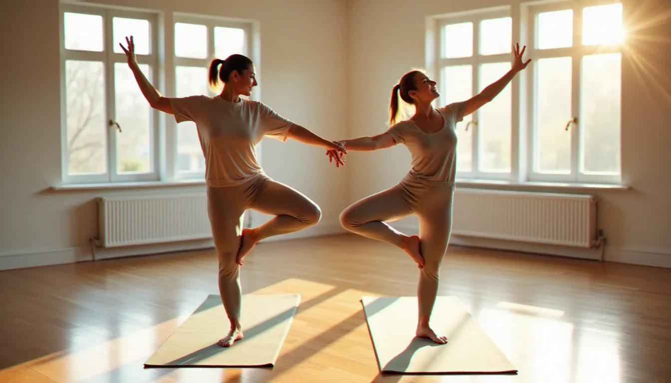 Deux femmes pratiquant des yoga poses for two people en posture de l'Arbre synchronisée dans un studio lumineux aux grandes fenêtres ensoleillées.
