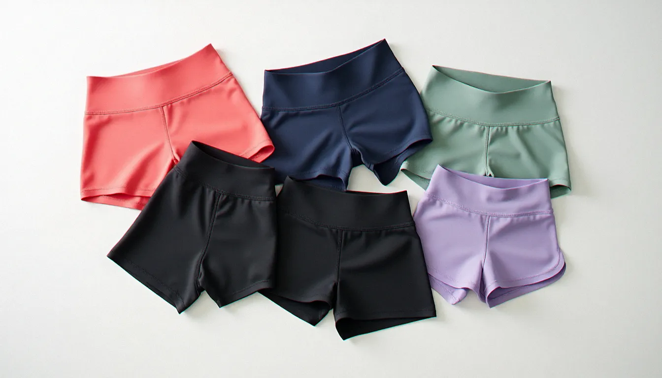 Sélection de cinq types de yoga shorts de différentes coupes et couleurs présentés en flat lay sur fond blanc