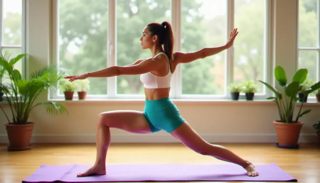 yoga shorts featured Femme pratiquant la posture du guerrier II en yoga shorts teal dans un studio de yoga lumineux aux grandes fenêtres