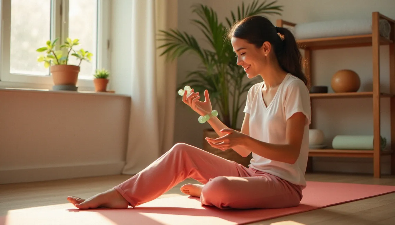 Jeune femme souriante tenant des séparateurs d'orteils yoga toes en gel dans un espace de pratique à domicile ensoleillé et chaleureux