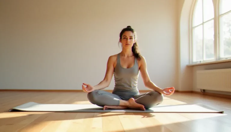 Femme assise en tailleur sur un tapis de yoga gris écartant consciemment ses orteils nus dans une pratique de yoga toes, studio lumineux en arrière-plan