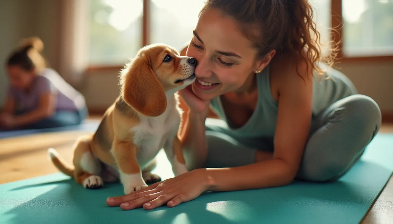 Une participante à une session de yogo en posture de l'enfant, nez-à-nez avec un chiot beagle curieux pendant la séance