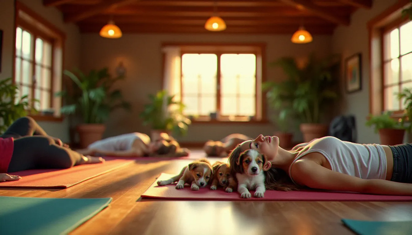 Un groupe de pratiquants de yogo en posture de savasana avec des chiots endormis blottis sur leur torse dans un studio chaleureux aux lumières tamisées