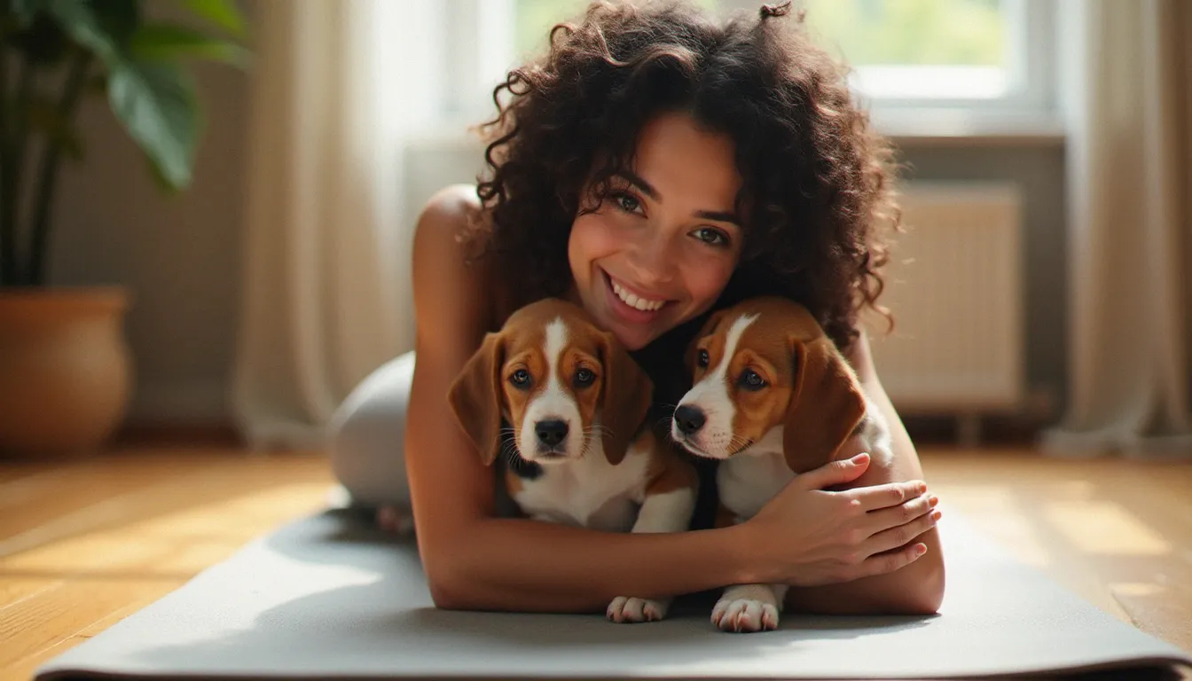 Femme aux cheveux bouclés en posture de l'enfant pendant une séance de yogos avec deux chiots beagle installés sur son dos