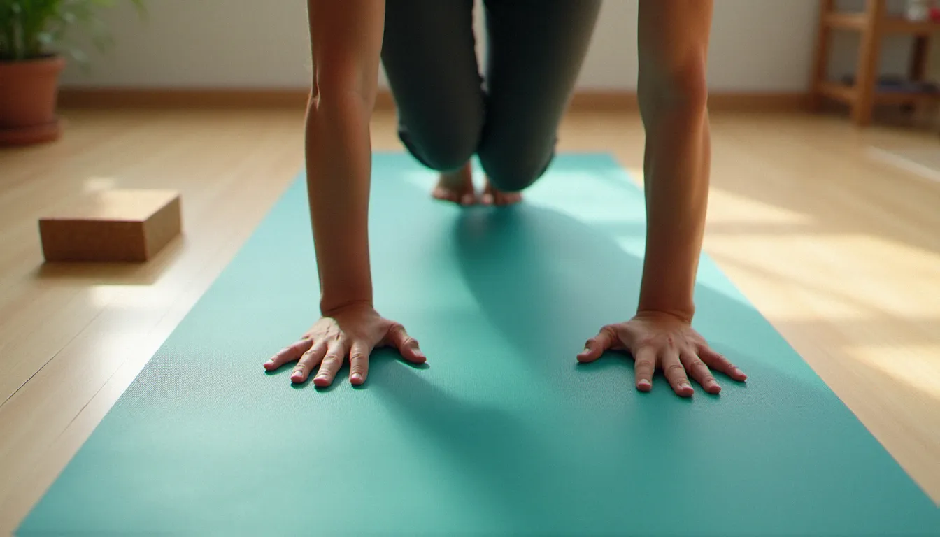 Posture du chien tête en bas bien alignée sur un tapis de yoga teal avec une brique en liège, posture fondamentale pour les débutants en yoga