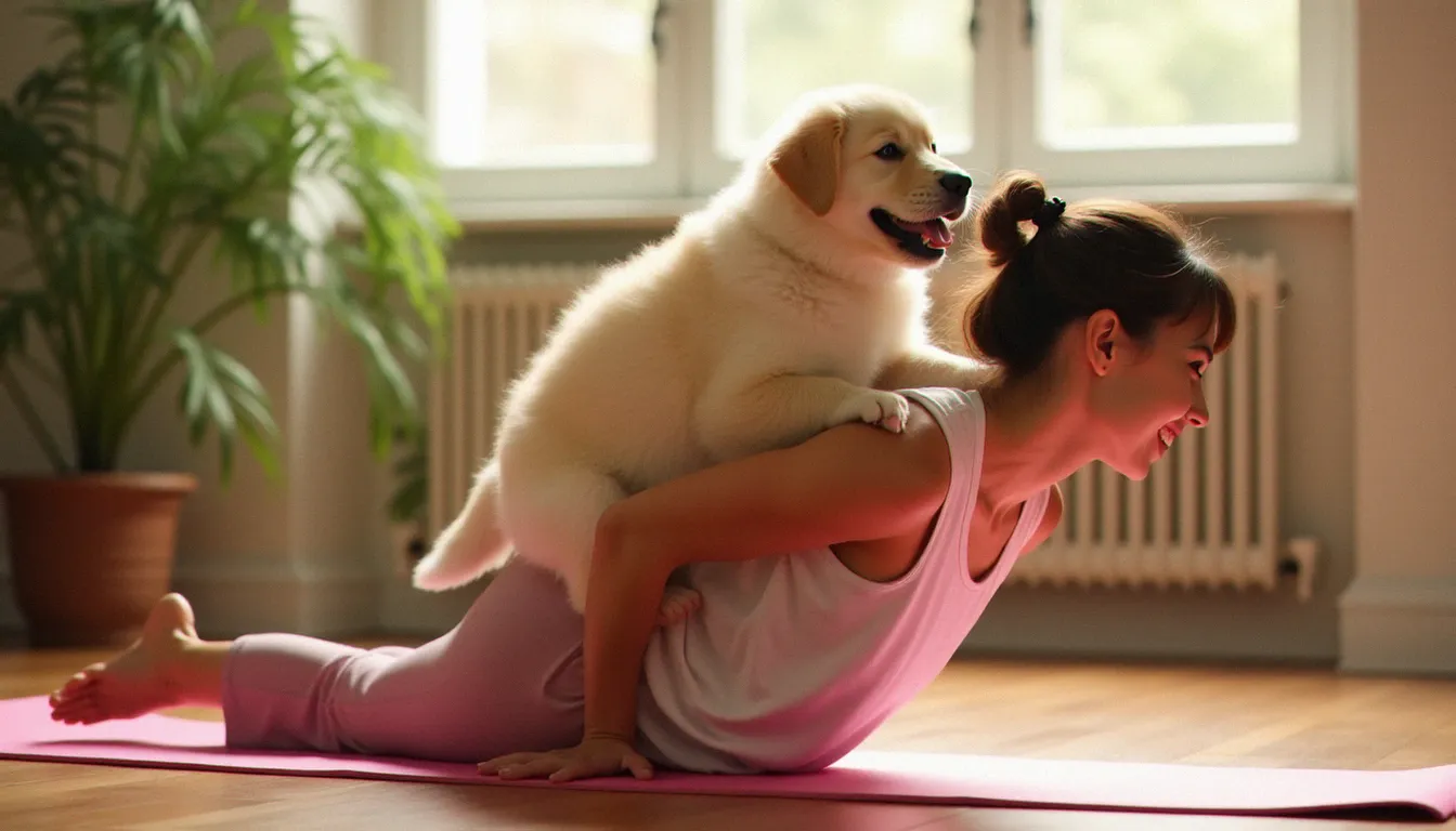Chiot labrador crème grimpant sur le dos d'une femme en posture de l'enfant pendant une session de puppy yoga, moment de joie spontanée et d'éclat de rire