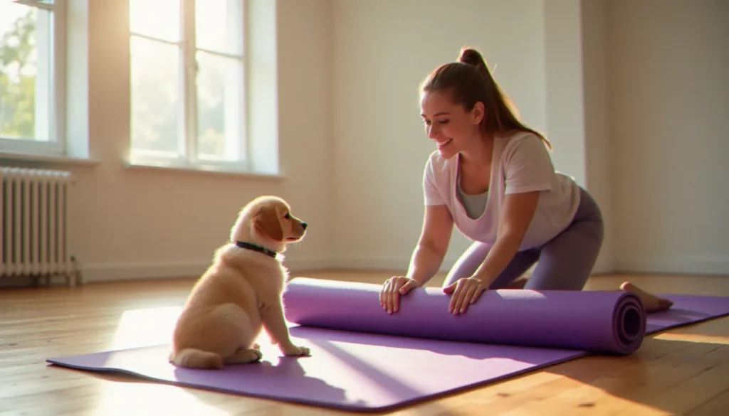 Femme débutante en yoga déroulant son tapis dans un studio lumineux avec un chiot golden retriever à ses côtés, illustrant un guide du yoga pour débutants