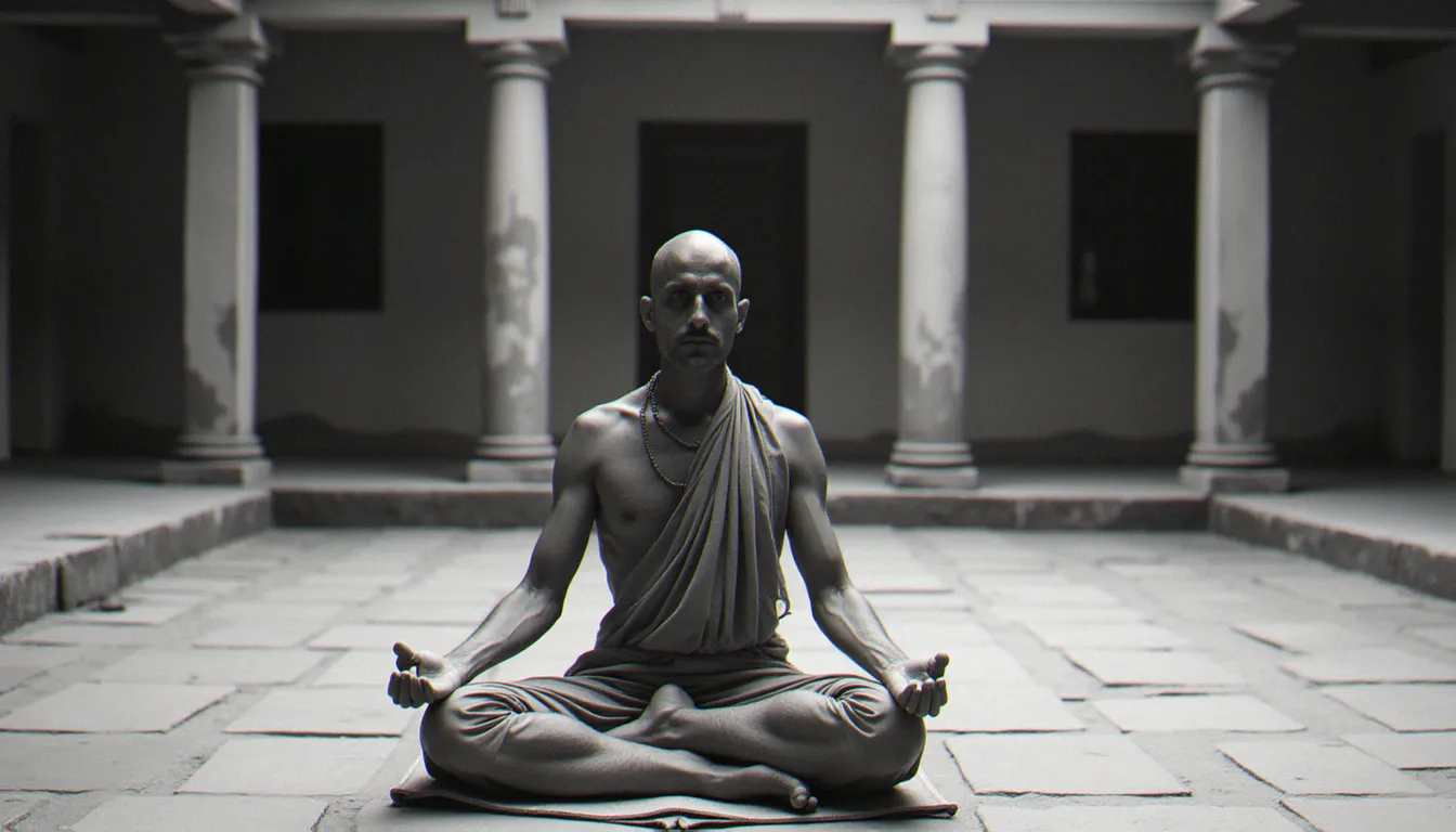 Représentation historique d'un maître de yoga indien en posture de méditation dans un ashram traditionnel, évoquant les origines de l'histoire du yoga moderne au début du XXe siècle