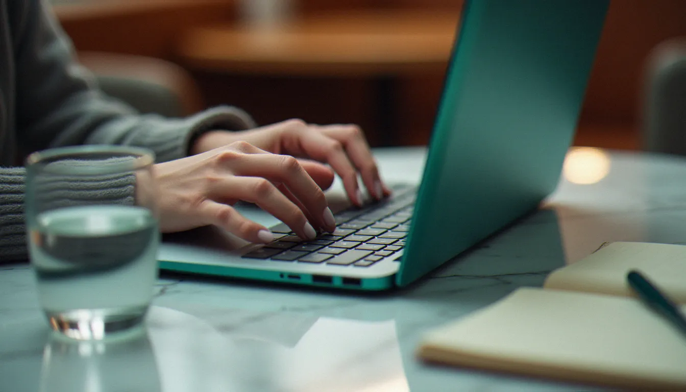 Gros plan sur des mains féminines tapant sur le clavier du Lenovo Yoga 7i 14 pouces dans un café, illustrant une créatrice de contenu au travail