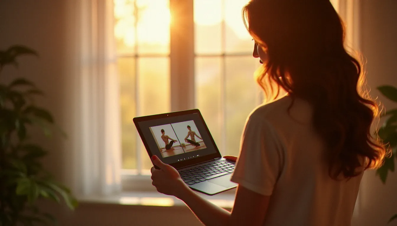 Une femme consulte des photos de poses de yoga sur un Lenovo Yoga 7i 14 pouces en mode tablette, debout près d'une fenêtre lumineuse dans un studio