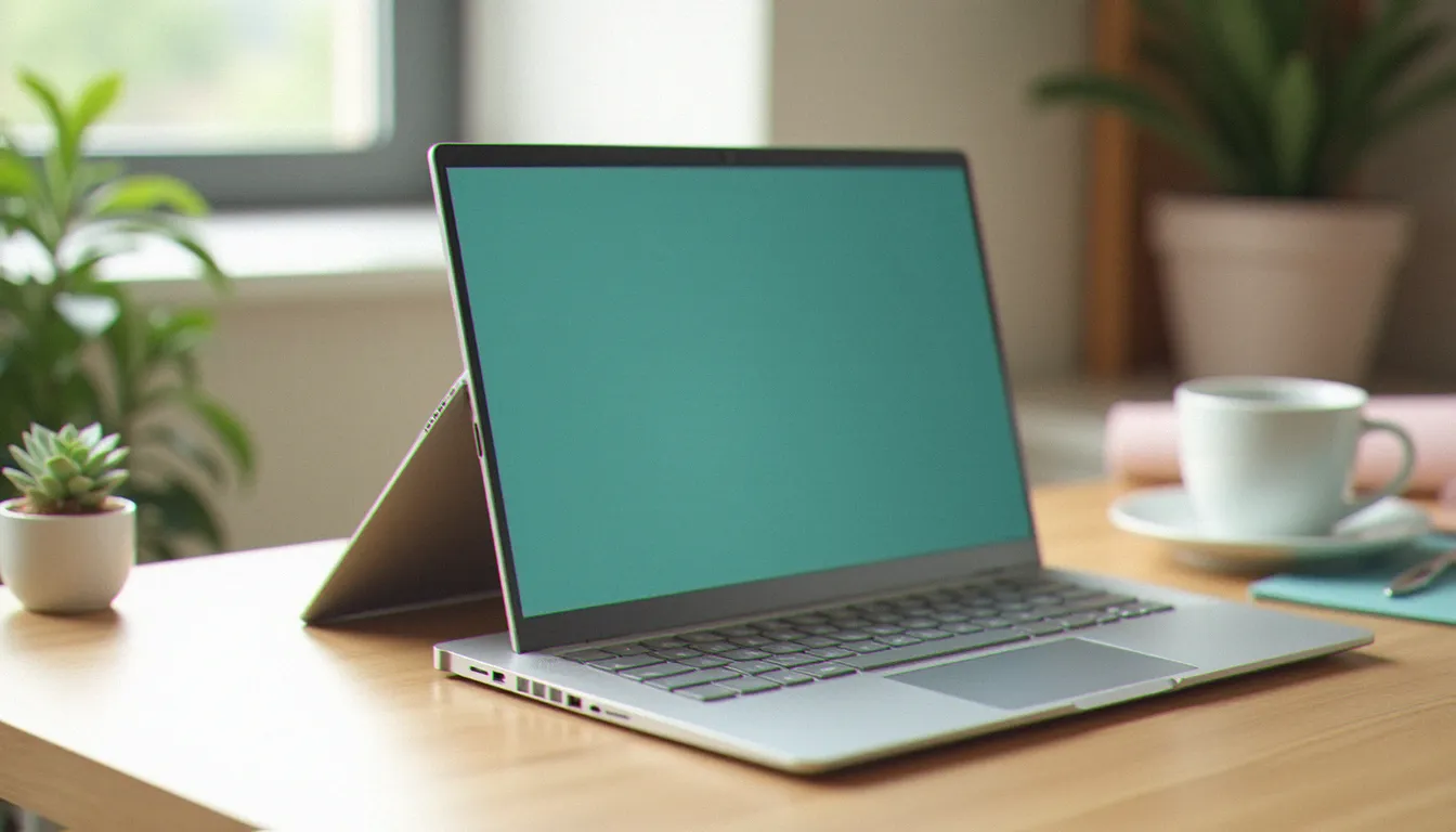 Lenovo Yoga 7i 2 in 1 14 pouces posé en mode tente sur un bureau en bois clair, avec un tapis de yoga et une plante en arrière-plan, avis yoga 7i 2 in 1 14 illustré dans un contexte bien-être