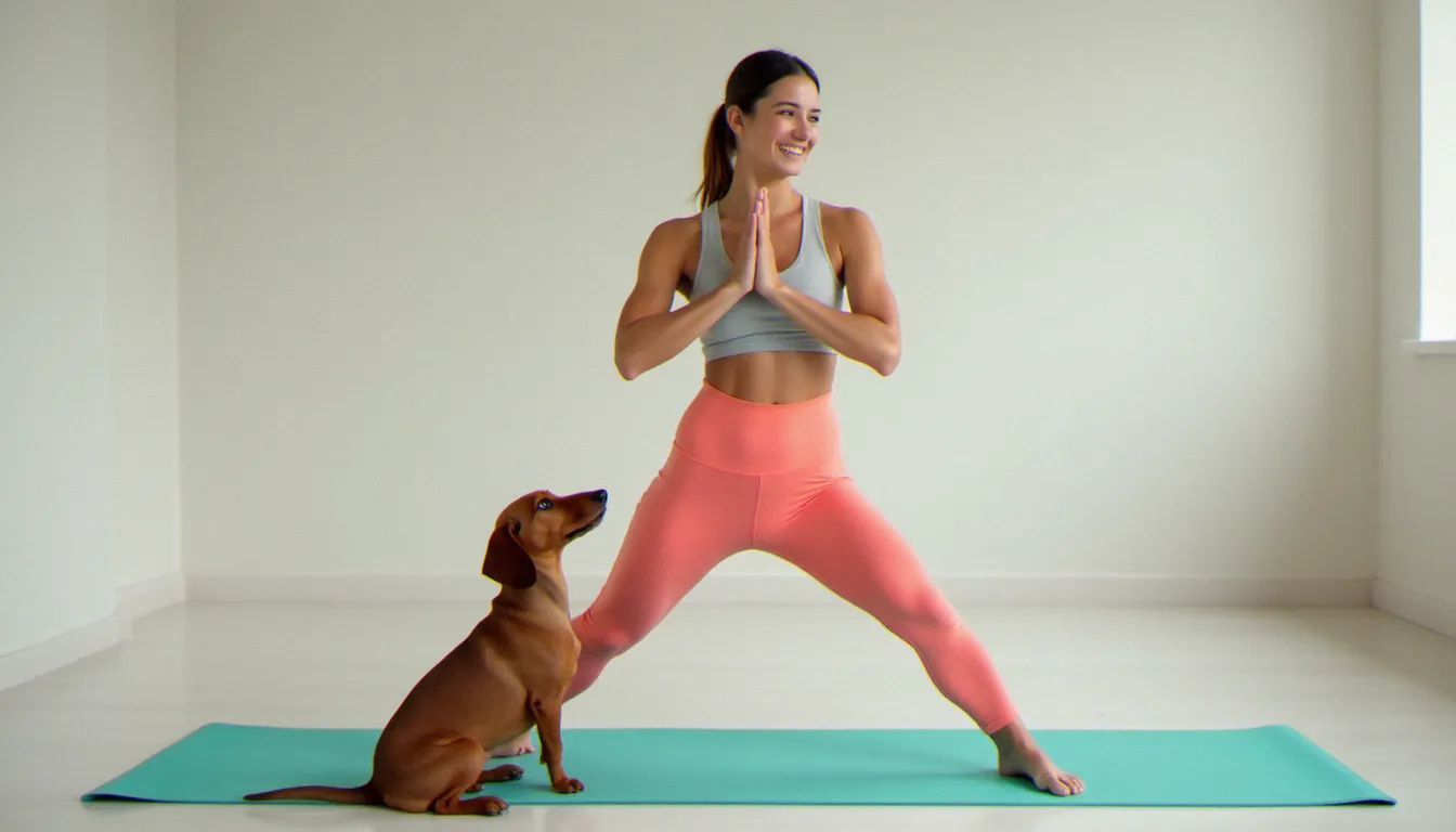Débutante en posture du guerrier un avec un chiot teckel assis à ses pieds la regardant, illustrant l'accessibilité du yoga down dog pour tous les niveaux