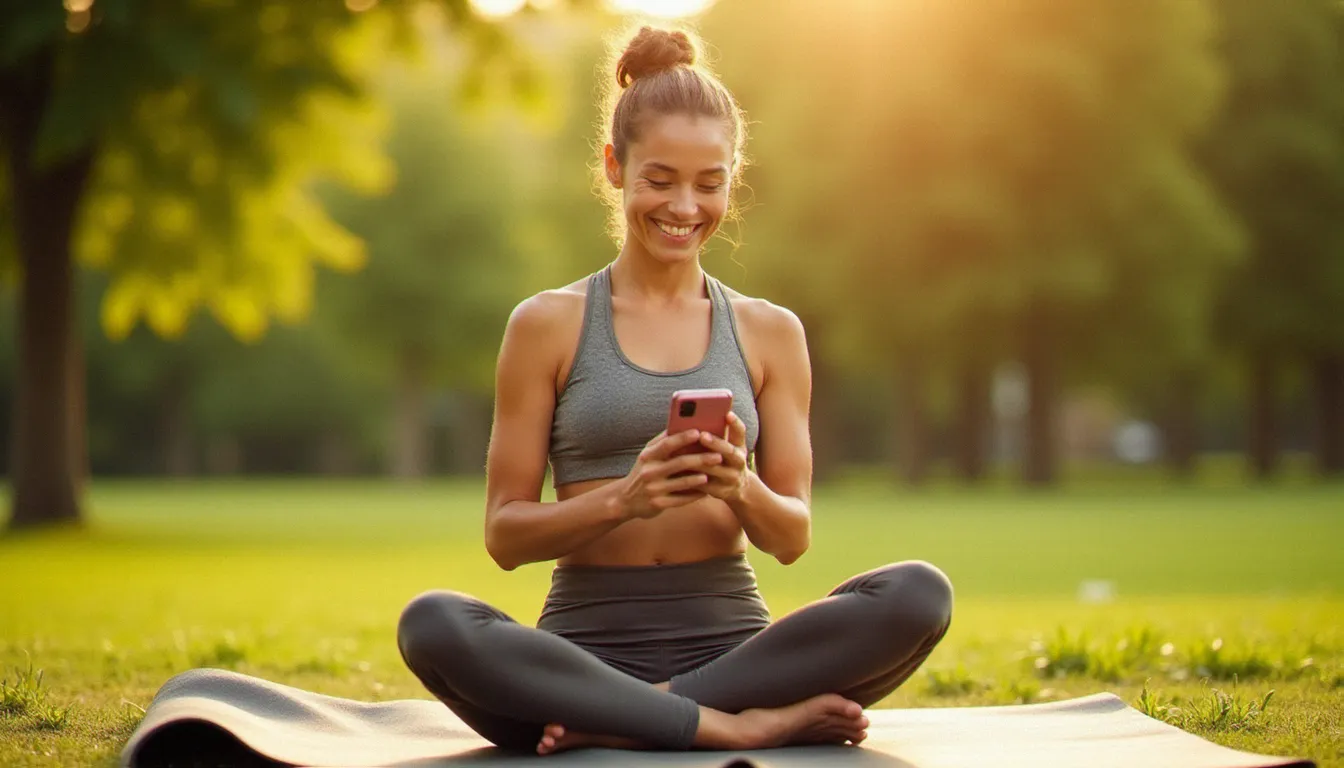 Femme souriante en position assise sur tapis de yoga dans un parc, consultant les résultats de sa séance yoga Down Dog sur son téléphone