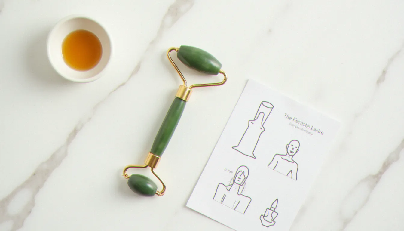 Kit de yoga du visage minimaliste avec rouleau jade, huile et fiche d'exercices posés sur marbre blanc, matériel pour pratiquer les exercices faciaux