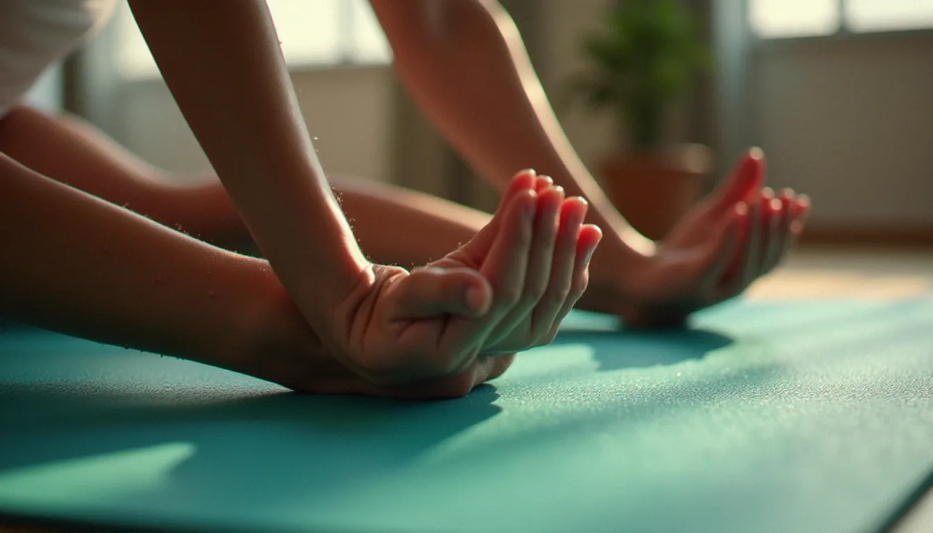Femme en posture de planche basse pendant une séance de yoga fitness montrant le travail de gainage et de renforcement musculaire du corps entier