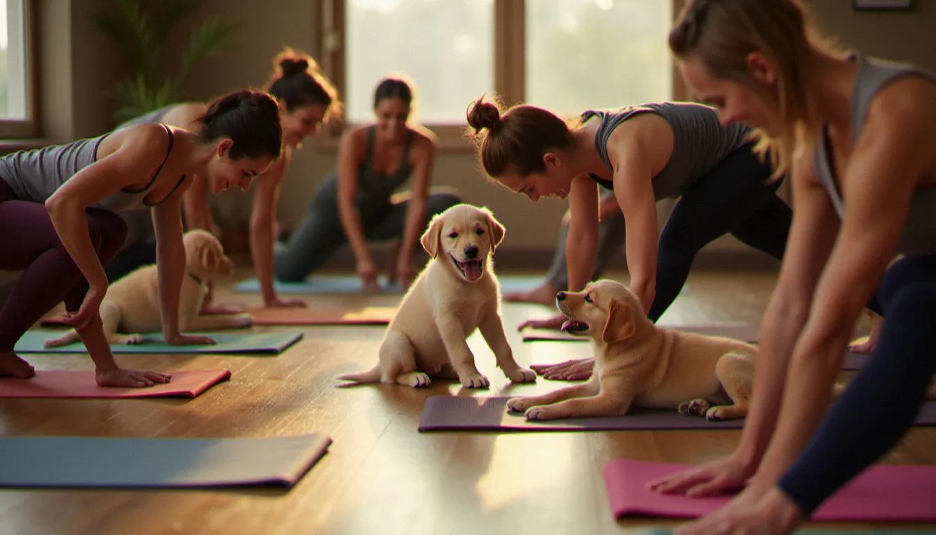 Groupe de participants pratiquant le yoga fitness et le puppy yoga dans un studio convivial avec des chiots golden retriever, ambiance joyeuse et décontractée