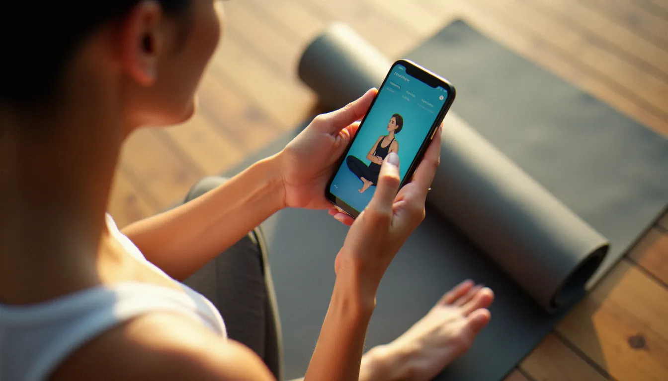 Mains tenant un smartphone affichant une séance guidée sur une application yoga mobile, tapis de yoga en arrière-plan