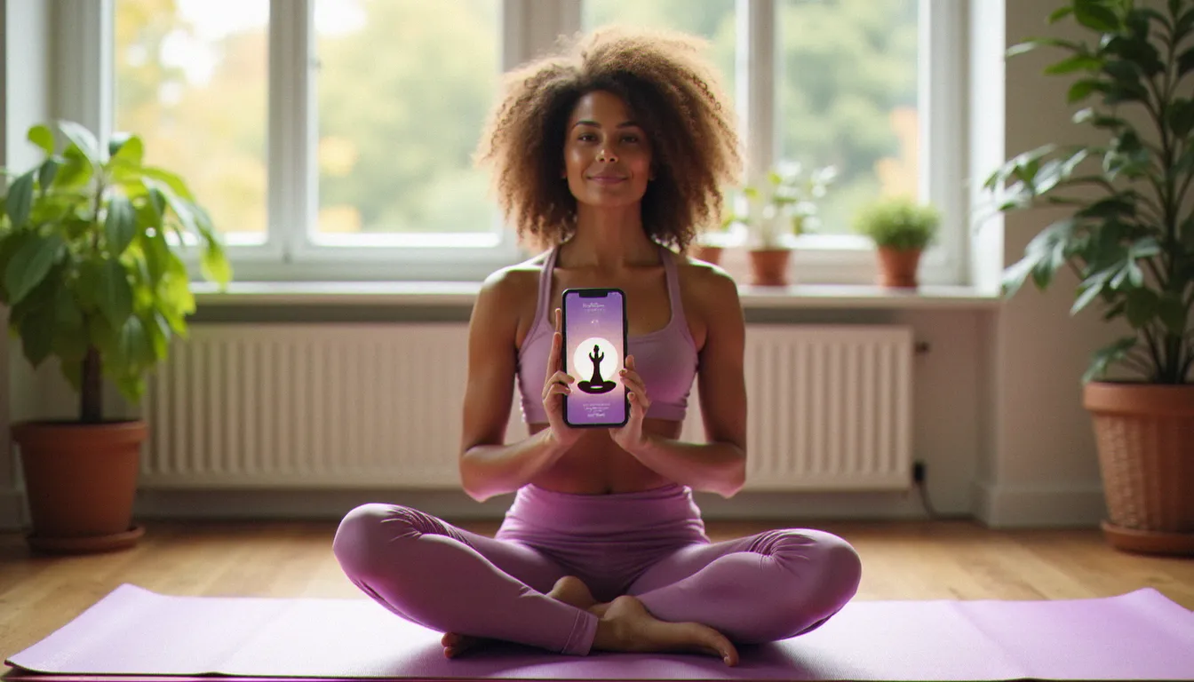 Femme pratiquant le yoga chez elle en consultant un avis yoga go app sur son téléphone, dans un appartement lumineux