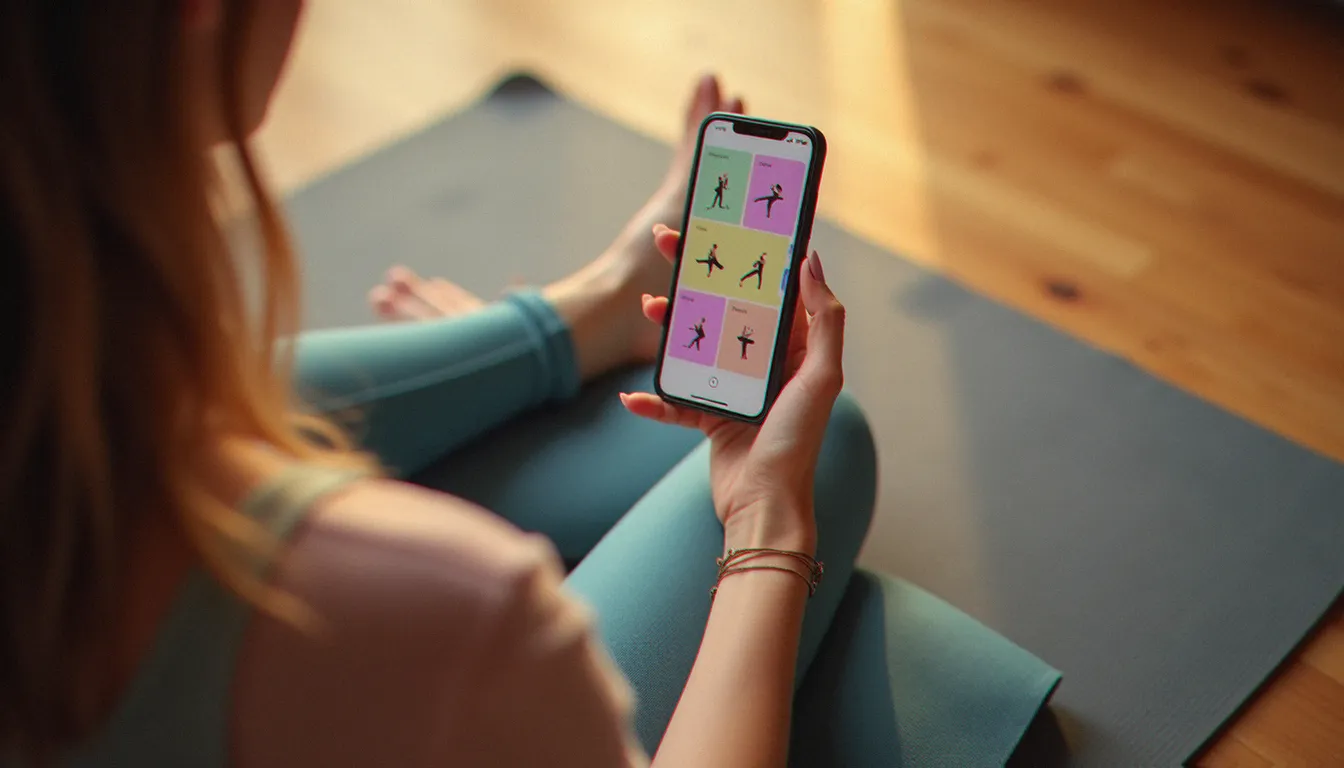 Gros plan sur les mains d'une femme tenant un smartphone avec une application de yoga ouverte, tapis déroulé au sol en arrière-plan