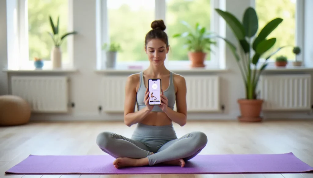 avis yoga go featured Femme pratiquant le yoga chez elle en regardant un avis yoga go sur son téléphone, assise en posture de méditation sur un tapis violet
