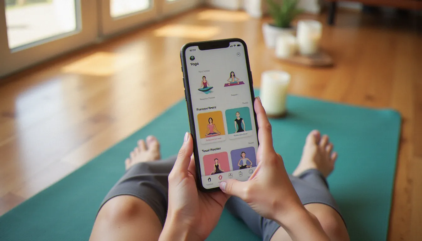Gros plan sur un smartphone affichant l'interface d'une application yoga avec des programmes de séances variés, tenu dans des mains en position de méditation