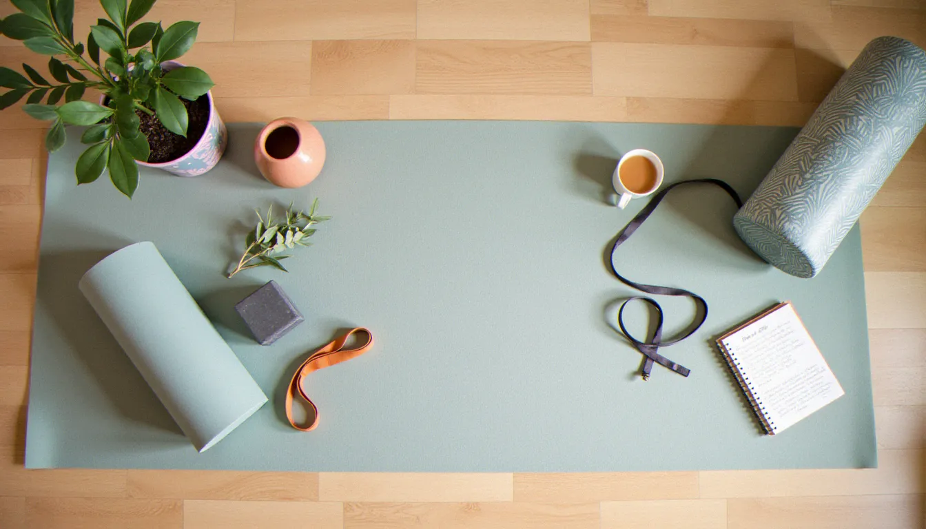 Vue de dessus d'un espace de pratique yoga minimaliste avec tapis, accessoires et carnet de notes, symbolisant la comparaison entre différentes méthodes d'apprentissage du yoga