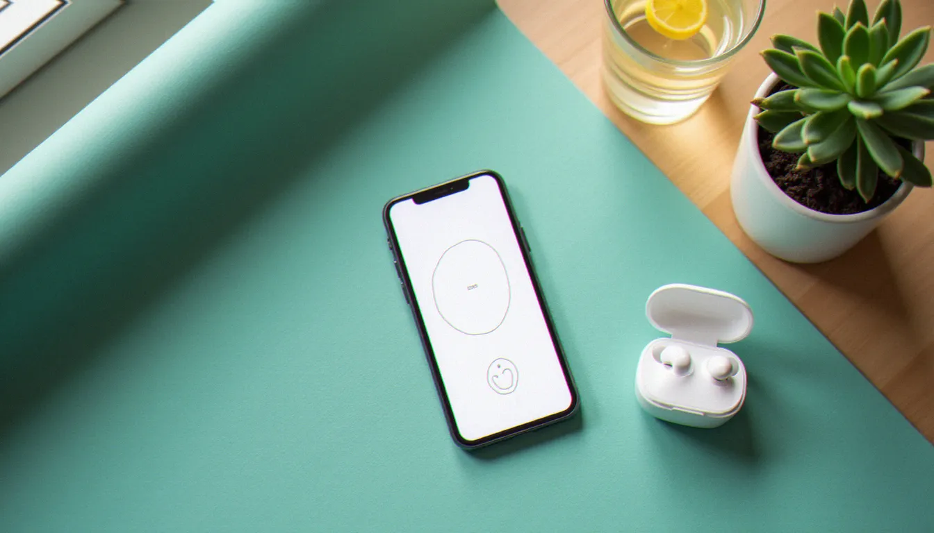 Smartphone affichant une interface d'application yoga posé sur un tapis de yoga avec accessoires bien-être, représentant l'utilisation quotidienne de Yoga Go Tai Chi