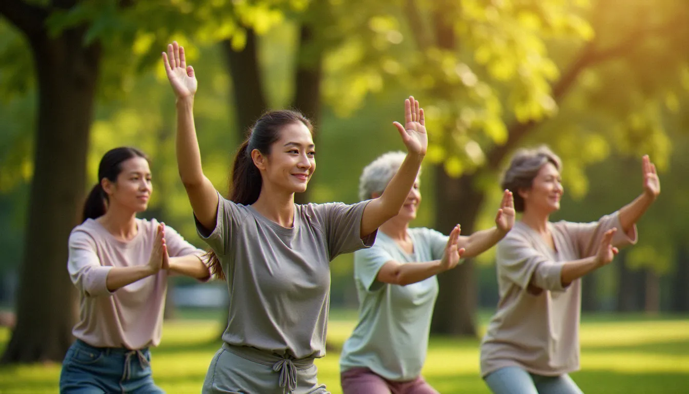 Groupe de femmes de différents âges pratiquant le tai chi en synchronisation dans un parc verdoyant, illustrant l'accessibilité et la dimension sociale du yoga tai chi pour toutes les générations