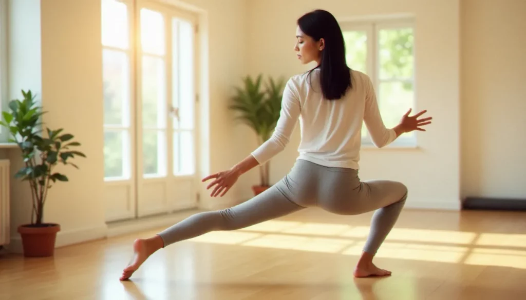 Femme pratiquant une pose hybride yoga tai chi dans un salon lumineux au lever du soleil, illustrant un avis yoga go tai chi en conditions réelles