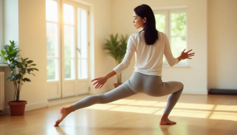 Femme pratiquant une pose hybride yoga tai chi dans un salon lumineux au lever du soleil, illustrant un avis yoga go tai chi en conditions réelles