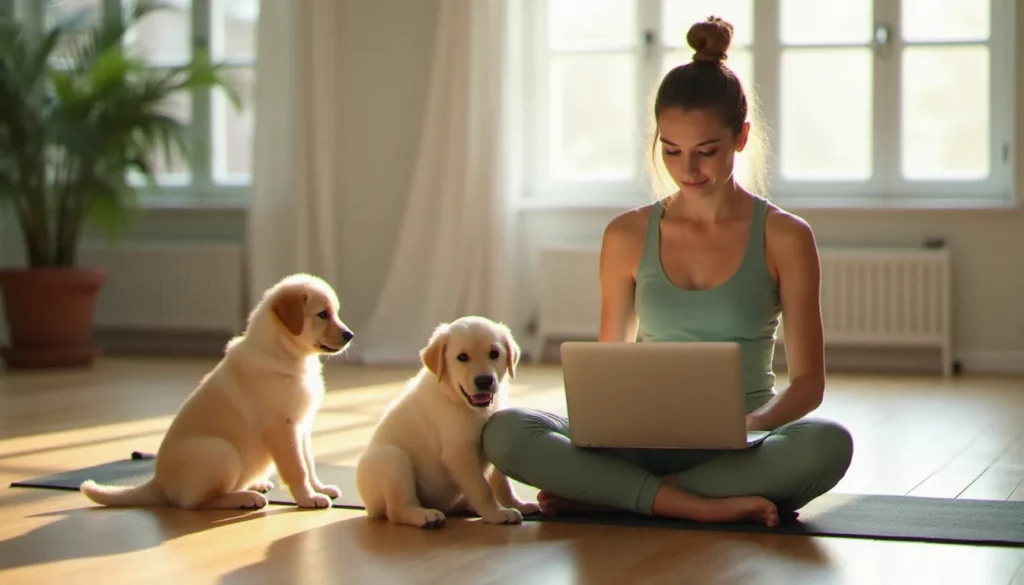 Femme pratiquant le yoga avec des chiots qui consulte un avis yoga searcher sur son ordinateur dans un studio lumineux